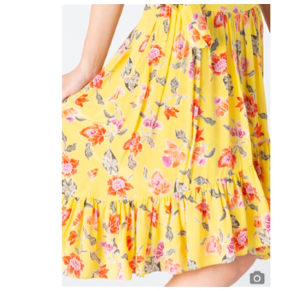 JOIE Yellow Ruffle Faux Wrap Floral SILK Midi Skirt with Tie Size 6